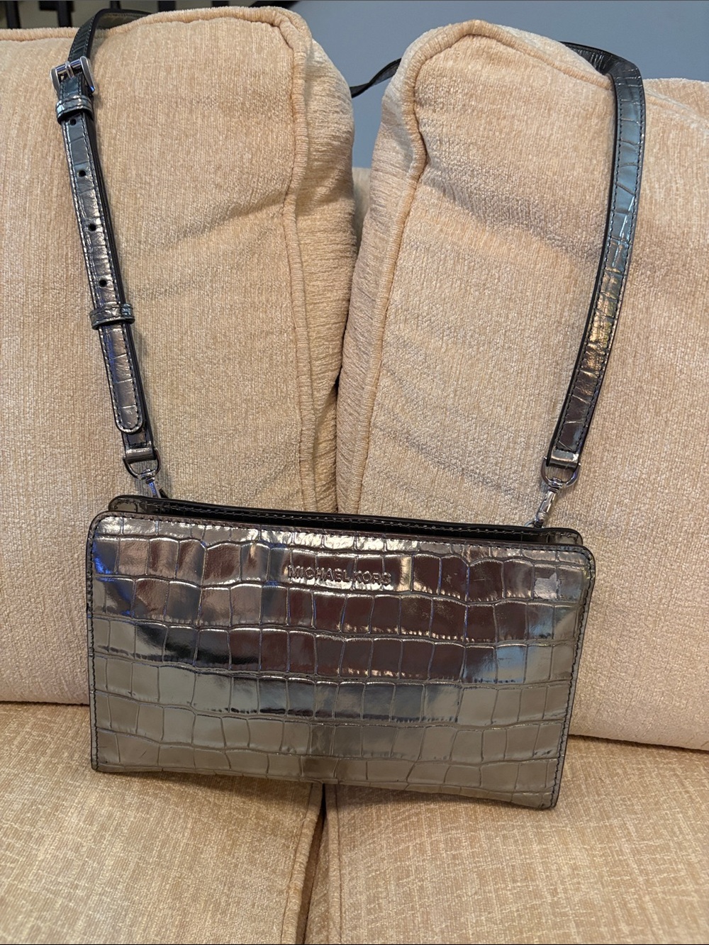 Michael Kors Silver Croc-Embossed Crossbody Bag